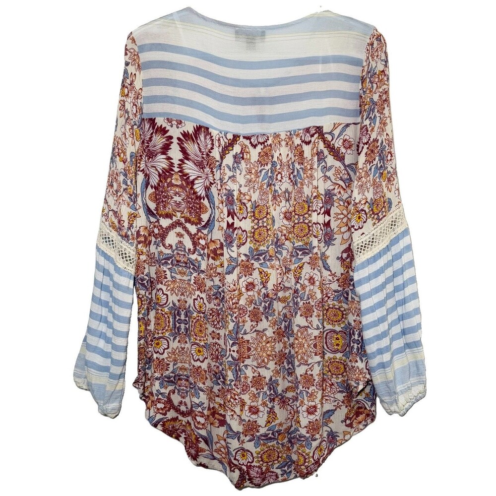 GiGiO USA Women M Floral Stripe Crochet Lace Tassel Boho Tunic Blouse Rayon - Picture 2 of 8